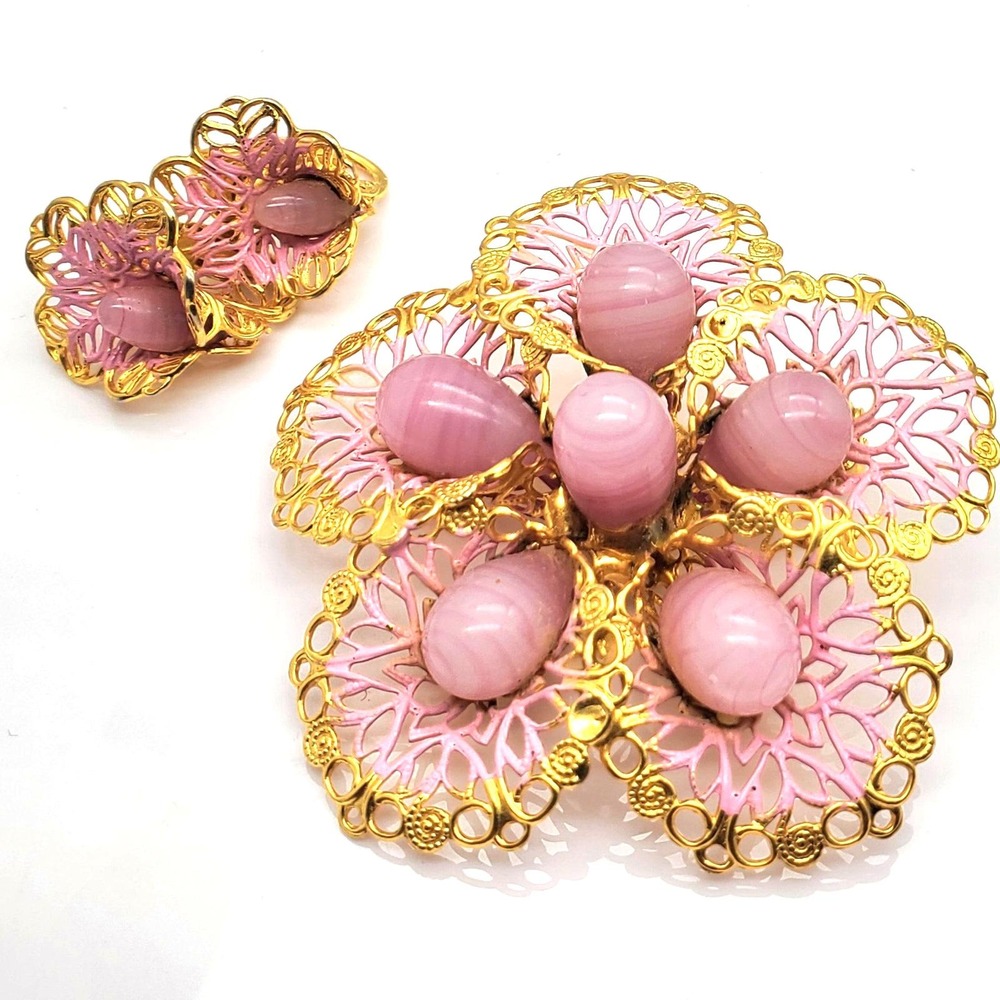 Pink Glass Flower Brooch & Clip Earrings Gold Tone‎ Filigree Pin Enamel Moonglow